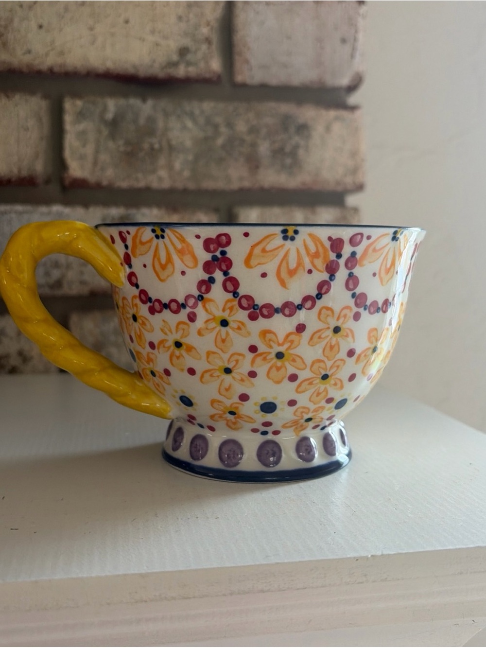 Anthropologie Elka Ayaka Yellow Coffee Tea Cup Mug Floral Twist Handle Pedestal